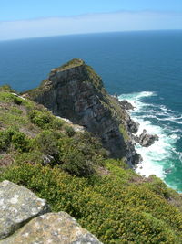 Scenic view of mountain at sea shore against sky