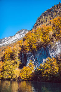 Trees by lake against sky during autumn