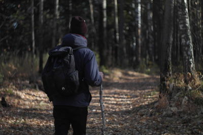 Rear view of man standing in forest