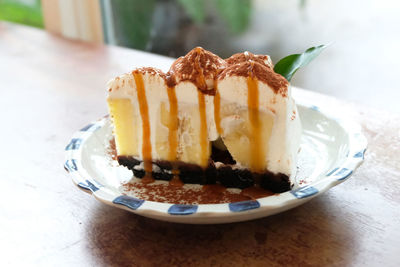 Close-up of cake in plate on table