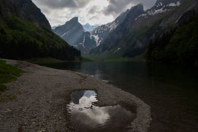 Scenic view of snowcapped mountains by lake against sky