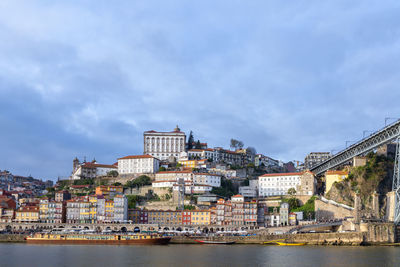 Buildings by river against sky in city