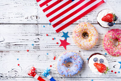 Directly above shot of donuts on table