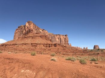 Rock formations in desert against clear blue sky