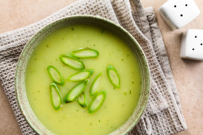 High angle view of soup in bowl on table