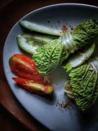 High angle view of salad in plate on table
