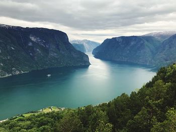 Scenic view of sea and mountains against sky