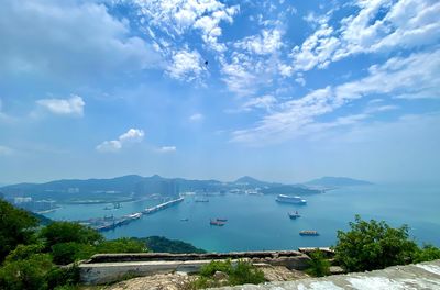 High angle view of bay against sky