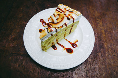 High angle view of cake in plate on table