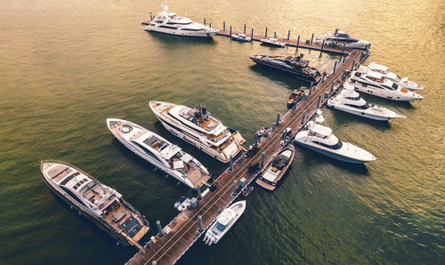 High angle view of ship sailing in sea