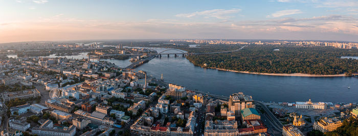 Beautiful sunset over kyiv city from above.