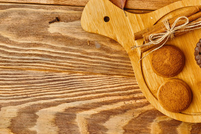 High angle view of bread on wooden table