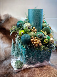 Close-up of christmas decoration on table