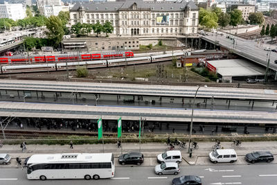 High angle view of train on street in city