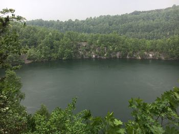 Scenic view of lake by trees against sky