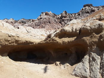 Low angle view of rock formation against clear sky