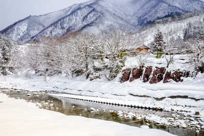 Scenic view of snow covered mountains