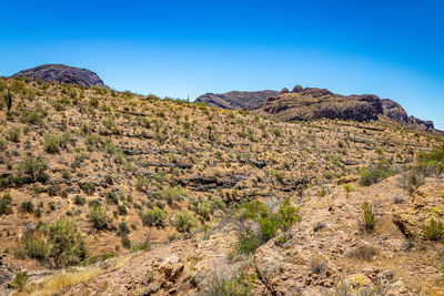 Scenic view of mountain against clear blue sky