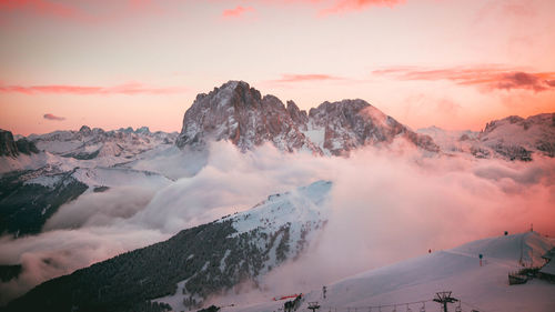 Scenic view of snowcapped mountains against sky during sunset