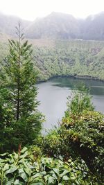 Scenic view of lake by mountains against sky