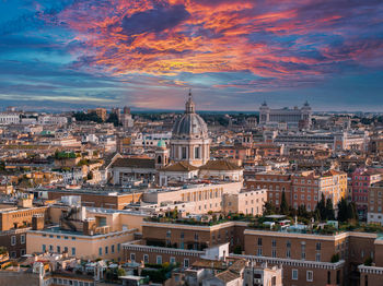 High angle view of townscape against sky during sunset