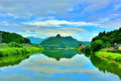 Scenic view of lake by trees against sky