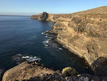 Scenic view of sea and rock formations against sky