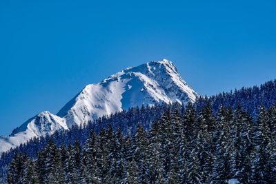 Scenic view of snowcapped mountains against clear blue sky