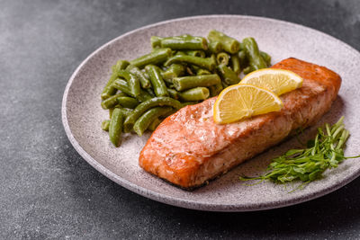 High angle view of food in plate on table