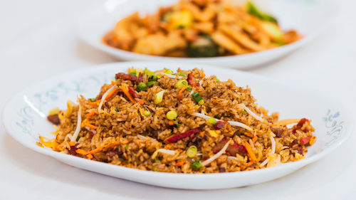 Close-up of noodles in bowl on table