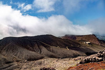 Panoramic view of volcanic landscape against sky