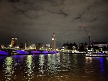 River thames by night, london skyline, reflections, london by night all lit up. 