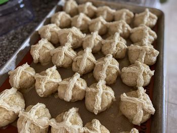 High angle view of cupcakes on table