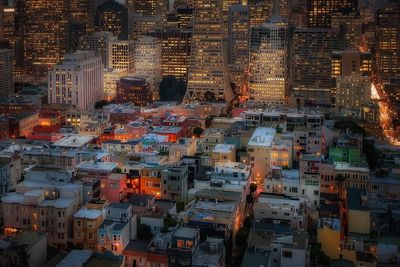 High angle view of illuminated cityscape at night