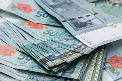 Close-up of malaysian paper currencies