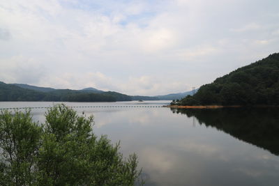 Scenic view of lake by trees against sky