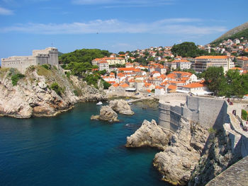 High angle view of buildings in sea