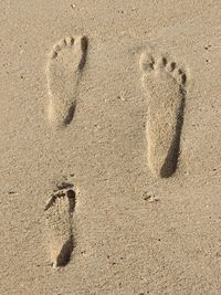 High angle view of footprints on sand