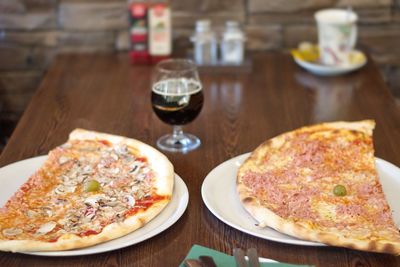 High angle view of pizza on table in restaurant