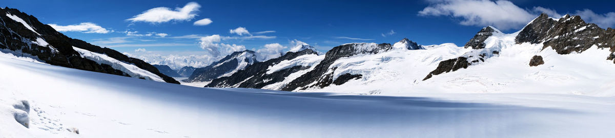 Panoramic view of snowcapped mountains against sky