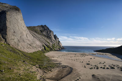 Scenic view of beach against blue sky