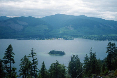 Scenic view of lake against cloudy sky