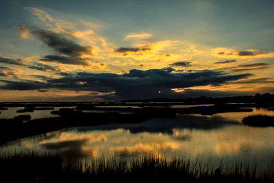 Scenic view of lake at sunset