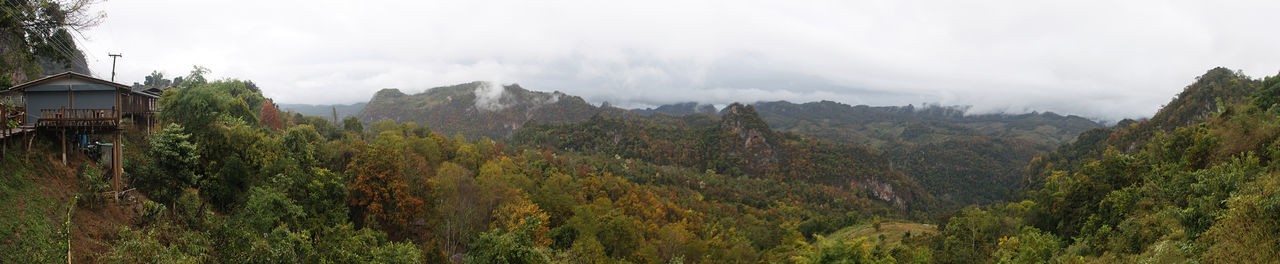 Panoramic view of trees and mountains against sky