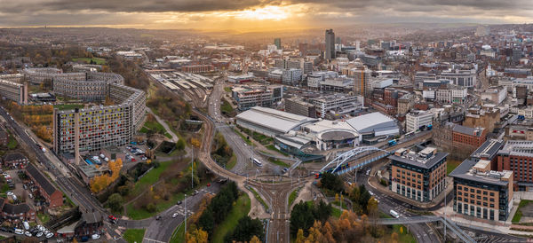 Aerial panorama of sheffield city centre cityscape skyline at sunset