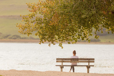 Young woman sitting on a bench under a tree in front of a lake in the evening in autumn