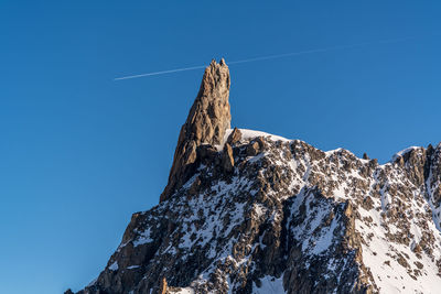 Low angle view of rock formation against clear blue sky