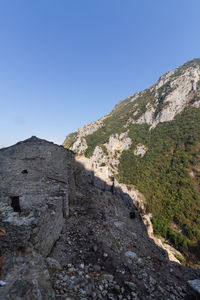 Scenic view of rocky mountains against clear blue sky