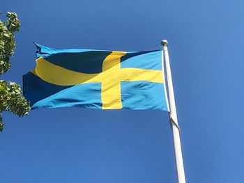 Low angle view of flags against clear blue sky