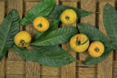 Directly above shot of fruits in basket on table